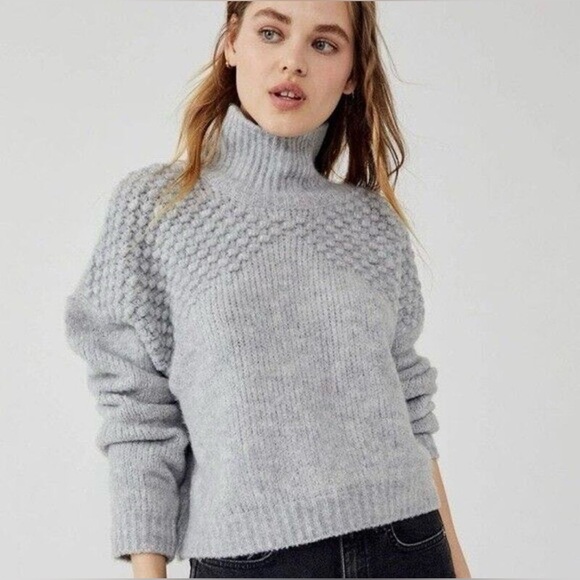 FREE PEOPLE XS Bradley Textured grey crop roll neck acrylic woman sweater boho - Picture 2 of 15